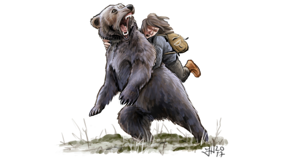 Neuvokas vaimo pelasti miehensä hyppäämällä karhun selkään ja kiskomalla sitä korvista, kun kontio kävi heidän päälleen rautapyynnin lomassa 1800-luvulla.