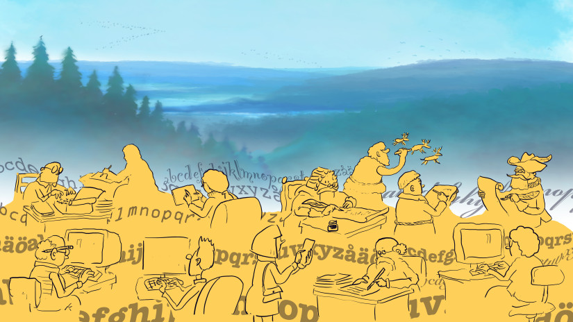 Ihmisi&auml; kirjainten keskell&auml;, taustalla jylh&auml; luonto.