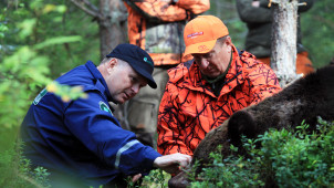 Erätarkastaja ja metsästäjä karhukaadolla. Kuvaustilanteessa kaikki oli kunnossa, kuvan henkilöt eivät liitty juttuun. Kuva: Aku Ahlholm.