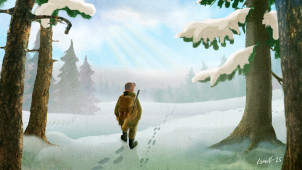 Metsästäjä seuraa jäniksen jälkiä kevättalven maisemassa.