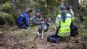 Vapaaehtoinen pelastuspalvelu auttaa poliisia maastossa.