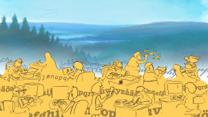 Ihmisi&auml; kirjainten keskell&auml;, taustalla jylh&auml; luonto.